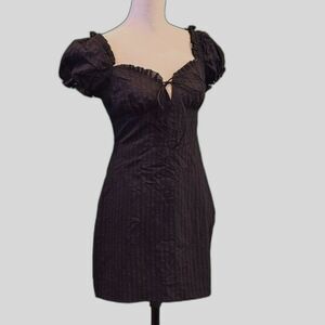 Ruffle Sleeve Sweetheart Tie Neckline Black on Black Striped Mini Dresses Sz S